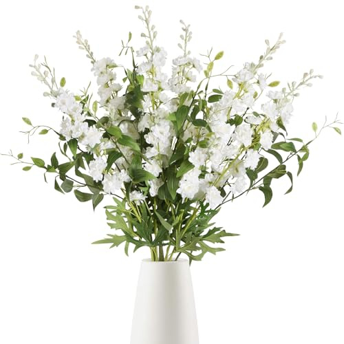 IPOPU White Flowers Artificial Delphinium 9PCS with Clematis Greenery for Wedding & Home Decor