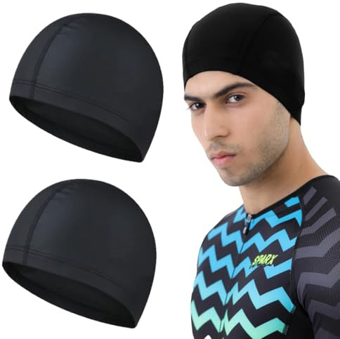 KHYYQUA 2 Pièces Bonnets de Bain Élastique, Bonnet de Natation Confortable en Tissu, Souple et Antidérapant pour Homme Femme Enfant, Noir