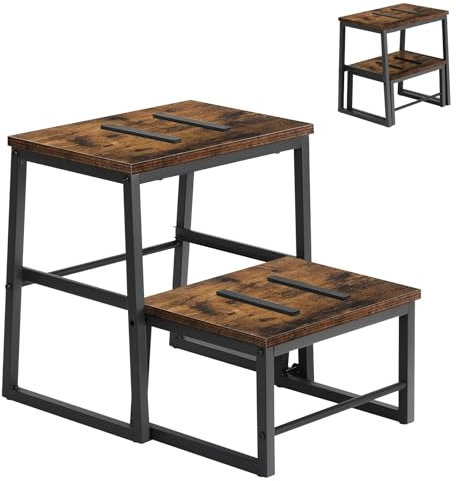 LIANTRAL Marchepied 2 en 1 pour Adultes et Enfants, Tabouret à 2 Niveaux, en Acier Robuste et Tabouret en Bois Stable, marchepied pour lit, Cuisine, Salle de Bain, Marron rétro et Noir