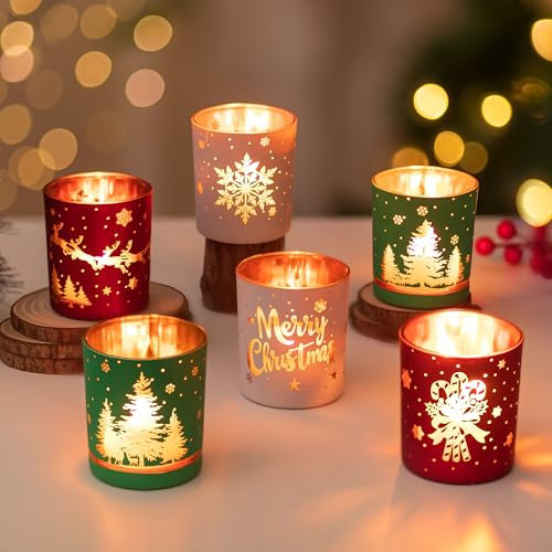 Hewory Christmas Candle Holder Decorations: Set of 6 Tea Light Candle Holders Christmas Table Centrepiece, Xmas Ornaments Tealight Holders with Winter Santa Christmas Tree Pattern