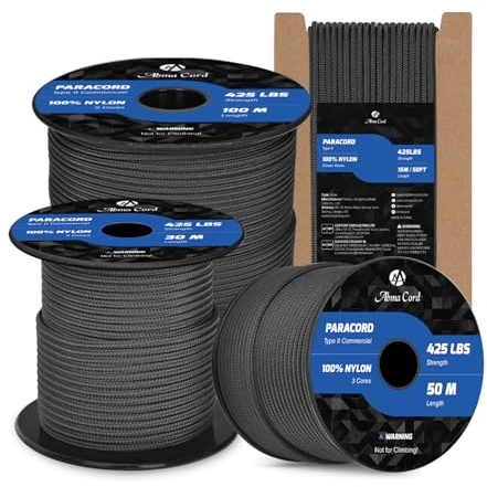 Abma Cord Paracord 3mm x 15M 3 Kärntrådar Nylonrep Typ II Nylonsnöre | Max 192kg (425lbs), Överlevnad, Utomhus, armband, Spole
