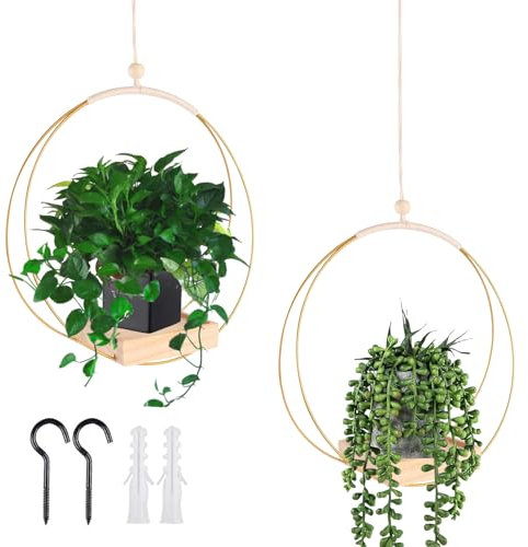 Calenxy 2 Stück Blumenampel Hängend Innen, Metall Blumenampel- Makramee Blumenampelmit Hölzernen Basis,93cm Hängetopf für Innenbereich mit Holzsockel, Metallring und Aufhängeschlaufe Hängender