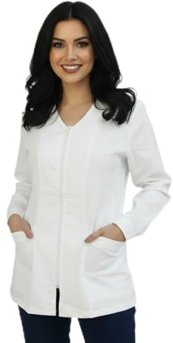 AJM STORE Camice Medico Donna con Zip, Manica Lunga, Tasche Frontali, misto cotone, Disponibile in Diversi Colori