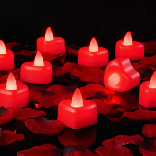 AMAGIC Lot de 1000 pétales de rose artificiels et 12 bougies chauffe-plat LED en forme de cœur - Kit romantique pour demande en mariage, anniversaire, Saint-Valentin, décoration de table de mariage