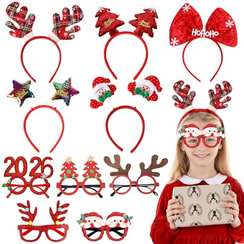 Druuzyl Diadema de Navidad 10 Piezas con Gafas Festivas - Cuernos de Reno y Gorro de Santa, Tocado Navideño para Niños y Adultos, Accesorios para Fiestas, Árbol de Navidad y Fotos