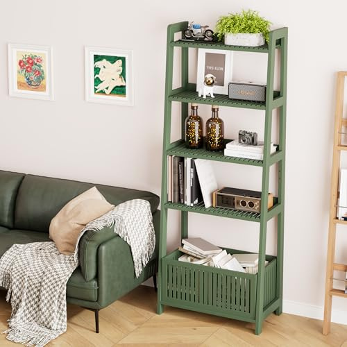 Bamjoy Bamboo Ladder Bookcase, Bookshelf with 4 Display Shelves and 1 Open Storage Basket, Storage Rack Organizer for Home Office, 66β H Forest Green