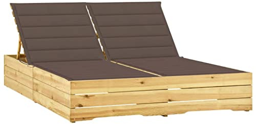 HaoChrymec Bain de Soleil Double, Transat Jardin Exterieur 2 Places en Pin Imprégné, Dossier Réglable, avec Coussin Taupe, Confortable et Résistant aux Intempéries,Piscine, 198 x 135 x 30-75 cm