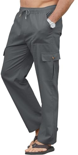 YloveM Pantaloni Lino Uomo con Tasche Casual Estivi Pantaloni Uomo Estivi Cotone con Elasticizzati Vita Spiaggia Cargo Pantalone Lino Uomo Larghi con Coulisse Leggeri Yoga Grigio Scuro XXL