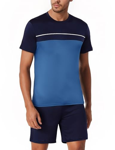 Bresdk Pyjama Homme Coton à Manches Courtes Vêtements de Détente Col Rond | Pyjama Homme Court Été en coton doux avec short 2 pièces pour nuits chaudes, voyage et repos à la maison chez soi