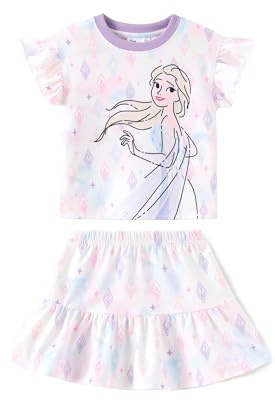 Disney Frozen Elsa Tween Girl 2 Piece Outfit Ruffle Short Sleeve Skirt Set Top & Skort Birthday Party Dress Theme Park Costume Elegant Summer Clothes Kids Sundress Casual Gift Purple 6-7Y