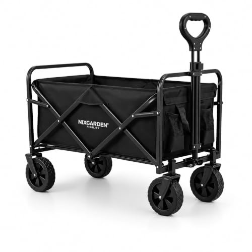 Carrito de Transporte Plegable con Ruedas Todo Terreno – Mango Telescópico Ergonómico, Ruedas Giratorias 360°, Bolsillos Laterales y Tela Extraíble para Playa, Jardín y Compra