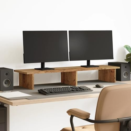 Holepyr monitorställ gammalt träutseende av trämaterial 100 x 27 x 15 cm, laptopstativ och tangentbordshylla med förvaringsutrymme, arrangör för kontor, hemmakontor, spel och studier