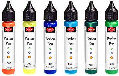 Viva Decor Perlen Pen 6 x 28 ml (Set Holiday Feeling) Waschmaschinenfeste, formstabile Stoffmalfarbe für Linien & Punkte. 3D Liner Pearl Pen Textilstifte T-Shirt Marker Perlenstift Stofffarbe