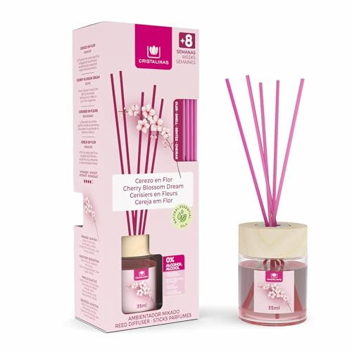 Cristalinas 35ml Cherry Blossom Air Fresheners for Home - Reed Diffusers for home - Home Fragrance Lasts upto 8 weeks - Room Diffuser Sticks with Coloured Fragrance Oil