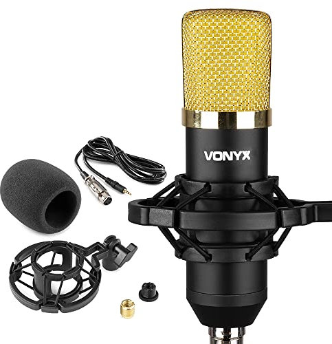 VONYX CM400B Studio Condenser Microphone, Black Gold - Large Diaphragm XLR Mic with Shockmount, 48V Phantom or Direct PC Connection for Podcast Music Home Vocal Recording and Streaming