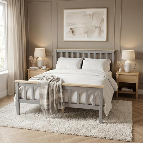 Panana 4FT6 Double Bed, Solid Wooden Bed Frame for Adults, Kids, Teenagers (Gray+natural)