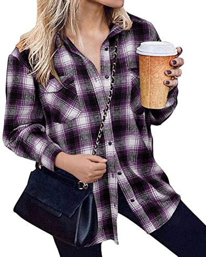 Onsoyours Femme Chemise à Carreaux à Manches Longues Bûcheron Veste Surdimensionnée Chemise Blouse Style Urbain Chemise Décontractée A Violet S