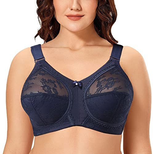 Ayigedu Women's Non Wired Non-Padded Minimizer Lace Plus Size Full Coverage Support Bra 38G Blue