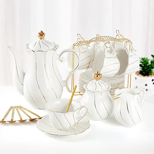 DUJUST Juego de té de porcelana blanca de 22 piezas para 6, juego de tazas de té y café de estilo británico de lujo con borde dorado, hermoso juego de té para mujeres, juego de fiesta de té, paquete