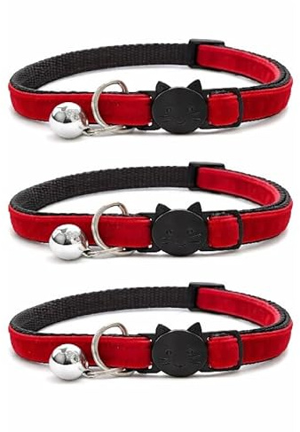 Katt halsband i sammet med klocka. Säkert brytspänne, snabbfrigörande spänne. Finns i katt- och kattunge storlek (paket med 3) (kattungehalsband (15 cm - 23 cm), röd sammet (paket med 3))