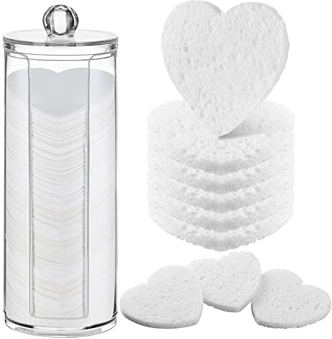 Sieral 120 Pcs Compressed Facial Sponges with Container Disposable Face Sponge Pads for Washing Face Cleansing Exfoliating Esthetician Makeup Removal(Heart,White)