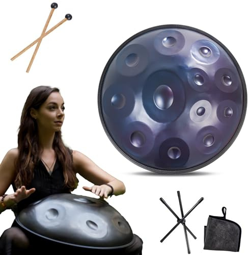 Instrumento Handpan - 432Hz/440Hz 9/10/ 12 Notas - Steel Tongue Drum de 55cm - Hand Pan Drum con Soporte para Mazas para la Sanación Sonora (Size : 432Hz, Color : BLUE_12 NOTES)