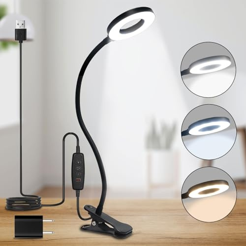 LQWELL® Lampara Escritorio Pinza LED, Luz De Lectura Con Clip, 3 Temperaturas De Color, 10 Niveles De Brillo Y AtenuaciÓN Continua, Flexible De 360° Para Oficina En Casa (Longitud Del Cuello 70 Cm)