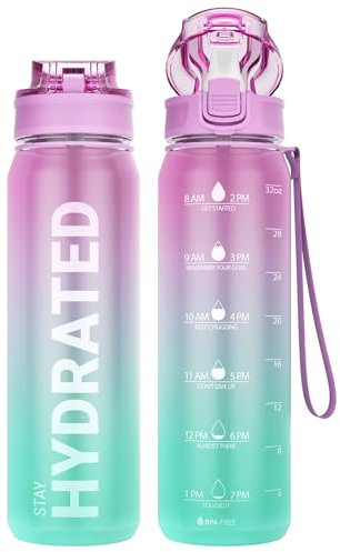 Sahara Sailor Trinkflasche, 1L Sport Trinkflasche Weithals mit Abnehmbarem Strohhalm und Silikonausguss, 1 liter Motivation Trinkflasche mit Zeitmarkierung, Tritan, BPA Frei (1 Flasche)