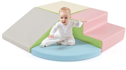 GOPLUS 4 Pcs Parcours de Motricité Bébé, Module Moticité en Mousse EPE, Revêtement en Simili Cuir, Convient pour Enfants 3 Ans+, Jouets Montessori pour Grimper, Ramper (Rose)