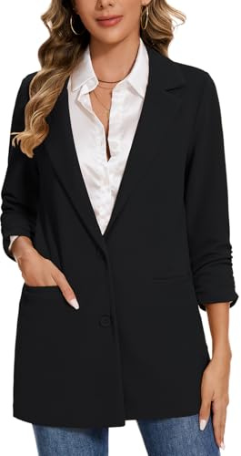 Professional Long Blazer for Women Mid Length 3/4 Ruched Sleeve, Black XXL