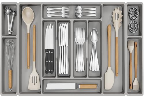 Lifewit Organizer Posate Salvaspazio, 81.6 × 42 cm Portaposate in Plastica per Cassetto da 90 cm, Porta posate Rimovibile per Cucina, Inserto Cassetto per Cucchiaio, Coltello, Forchetta, Grigio