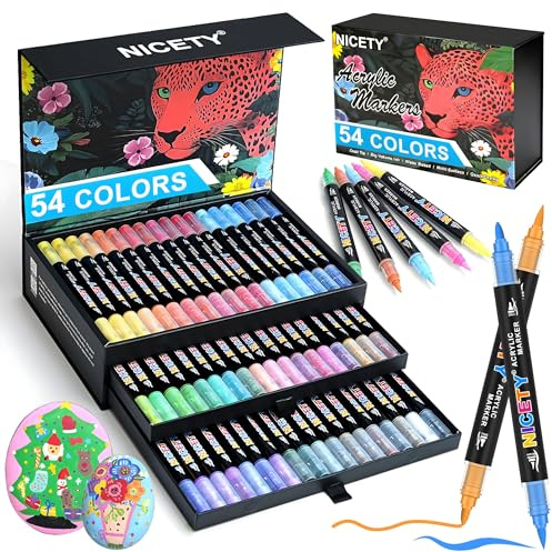 NICETY 54 Colores Rotuladores Acrílicos – Marcadores Doble Punta 1mm Fina y Pincel 1–5mm para Piedra, Madera, Vidrio y Cerámica – Rotuladores Acrílicos Punta Pincel a Base de Agua