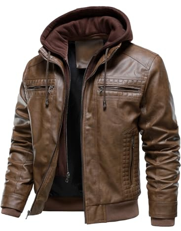 HOOD CREW Giacca da uomo in pelle PU con cappuccio staccabile, antivento, calda e multifunzionale impermeabile, tasche multiple, Marrone, L