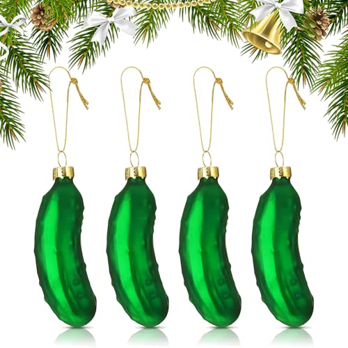 4 Stück Glas Weihnachtsgurke, Weihnachtsgurke Christbaumschmuck, Weihnachtsbaum Anhänger in grün für die Weihnachtsdekoration, Weihnachtsbaum