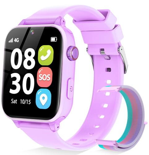 BJLBOJEY 4G Kids Smart Watch for Boys Girls, Kid GPS Tracker Watch Phone Video Call Pedometer School Mode Games SOS Birthday for 5-12 Years Old (Purple)