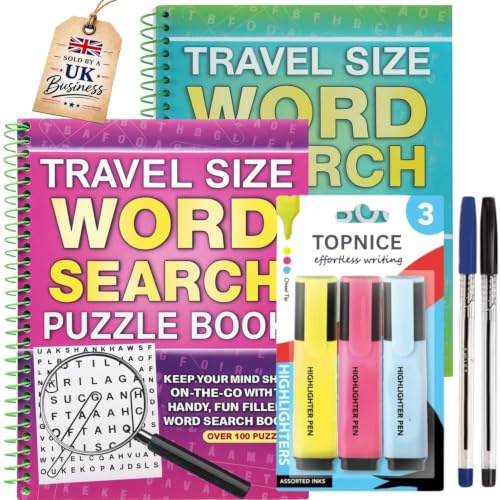Word Search Books For Adults [2026] With Highlighters and Pens - 2 UPDATED Travel Size A5 Spiral Bound Puzzle Book 3 Highlighters, 2 Pens -Travel Games for Adults, Kids and Seniors -Packaging May Vary