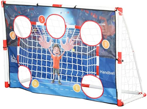 HOMCOM But de Foot et Cage de Handball extérieur 2 en 1, But 5 Zones cibles, Ballon de Handball Gonflable, Pompe, piquets de Sol en Forme de U, Cadre léger