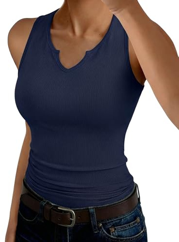 Aottori Canotta Donna con Scollo a V Tank Top Elegante Slim Fit Basic Canottiera a Coste Elasticizzato T-Shirt Senza Maniche Aderente Sexy Blu Scuro L