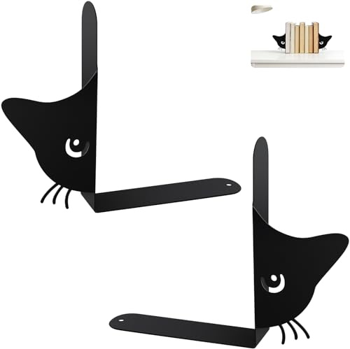 Serre-Livres en Métal Noir Motif Chat, Lot De 2 Cale Livre Original 18cm, Presse Livre Robuste, Support De Livres pour Étagère Bureau Bibliothèque École Décoration