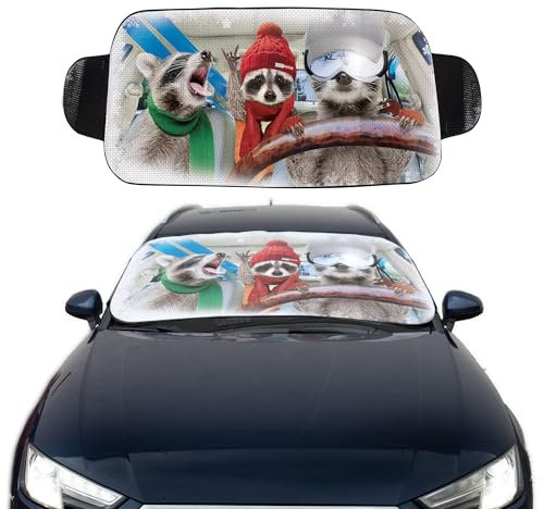 OK Cars Alu Windschutzscheibenabdeckung Waschbär – 150 x 70 cm – Frontscheibenabdeckung Winter – Universell passender Frostschutz Auto – Faltbare Auto Frostschutz Abdeckung