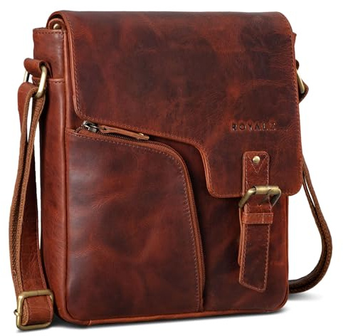 ROYALZ Denver Moderne Vintage Umhängetasche Herren klein Leder - kleine Schultertasche aus Echtleder für Alltag Freizeit Ausflüge - Ledertasche zum Umhängen;Farbe:Roma Cognac Braun