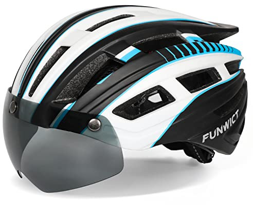 FUNWICT Casco Bici per Uomo Donna Adulti, Leggero Casco Bici da Corsa con Visiera Magnetici Staccabili e Luce LED, Regolabile Caschetto Bici 57-61 CM