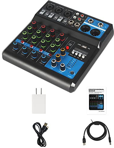 Umisu - Mezclador de 5 canales, mesa mezcladora de audio y USB con alimentación fantasma 48 V, consola mezcladora para ordenador y micrófono, mezclador de audio para Live Studio Scene