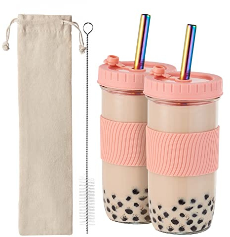 Amyoole 2 Pack Reusable Boba Cup, 24Oz Wide Mouth Smoothie Cup,mason Jar Glass Cups with Lids and Straws,Bubble/Boba Tea Cups,Ice Coffee Tumbler 2 colored straws 1 sponge brush(Pink)