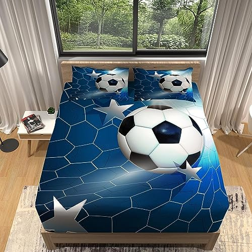 Drap Housse 140x200 cm Football, 3D Football Drap-Housse 140x200 cm - pour lit de 140 x 200 à 30 cm - Hauteur du Matelas, Drap Housse 2 Personnes avec 1 Taie d'oreiller