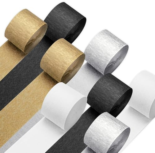 PIGETALE 8 Rolls Crepe Paper Streamers 656ft Pack of Silver Black White Gold Crepe Paper Roll Streamer Curtain Backdrop Hanging Tassels for Wedding Birthday Bridal Baby Shower New Year Decorations