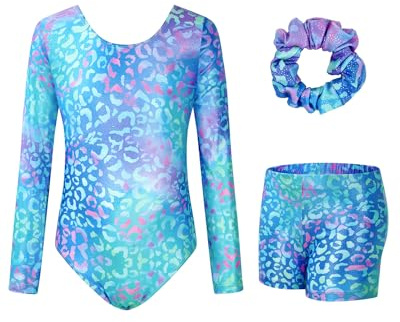 JiAmy Gymnastikdräkt för flickor, dräkt, gymnastikshorts och hårband i set, leotard-set för 3–12 år