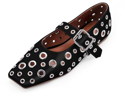 Odetina Women's Ballet Flats Metal Eyelet Buckle Perforated Studded Mary Jane Shoes (Black, 10)