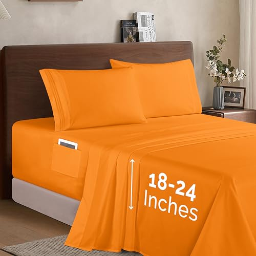 Elegant Comfort Luxury 1500 Premium Hotel Quality Microfiber 4-Piece Sheet Set - Soft, All Around Elastic 18-24 Inches Deep Fitted Sheet - Extra Deep Pocket Sheets, King, Elite Orange