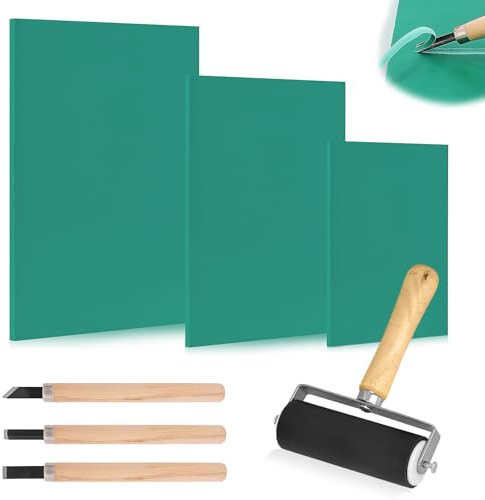 Lino Printing Kit, 3 PCS A4 A5 A6 Lino Sheets with Brayer Roller and 3 Cutter Tools Green Soft Flat Surface Linocut Printing Plates Set for Engraving Stamps Crafts